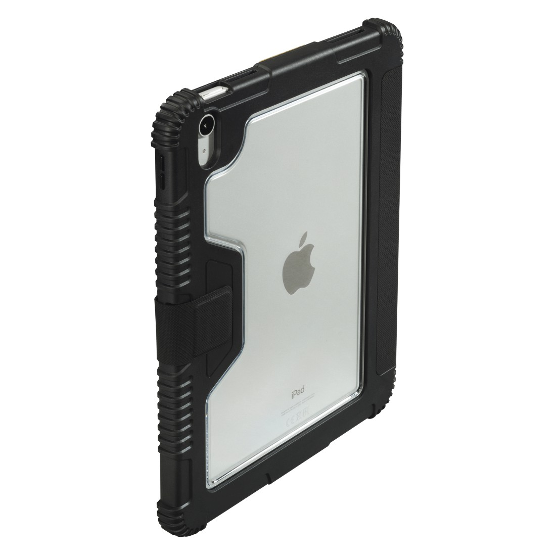 Schwarze Schutzhülle für ein iPad. Das iPad ist durch die Hülle sichtbar.