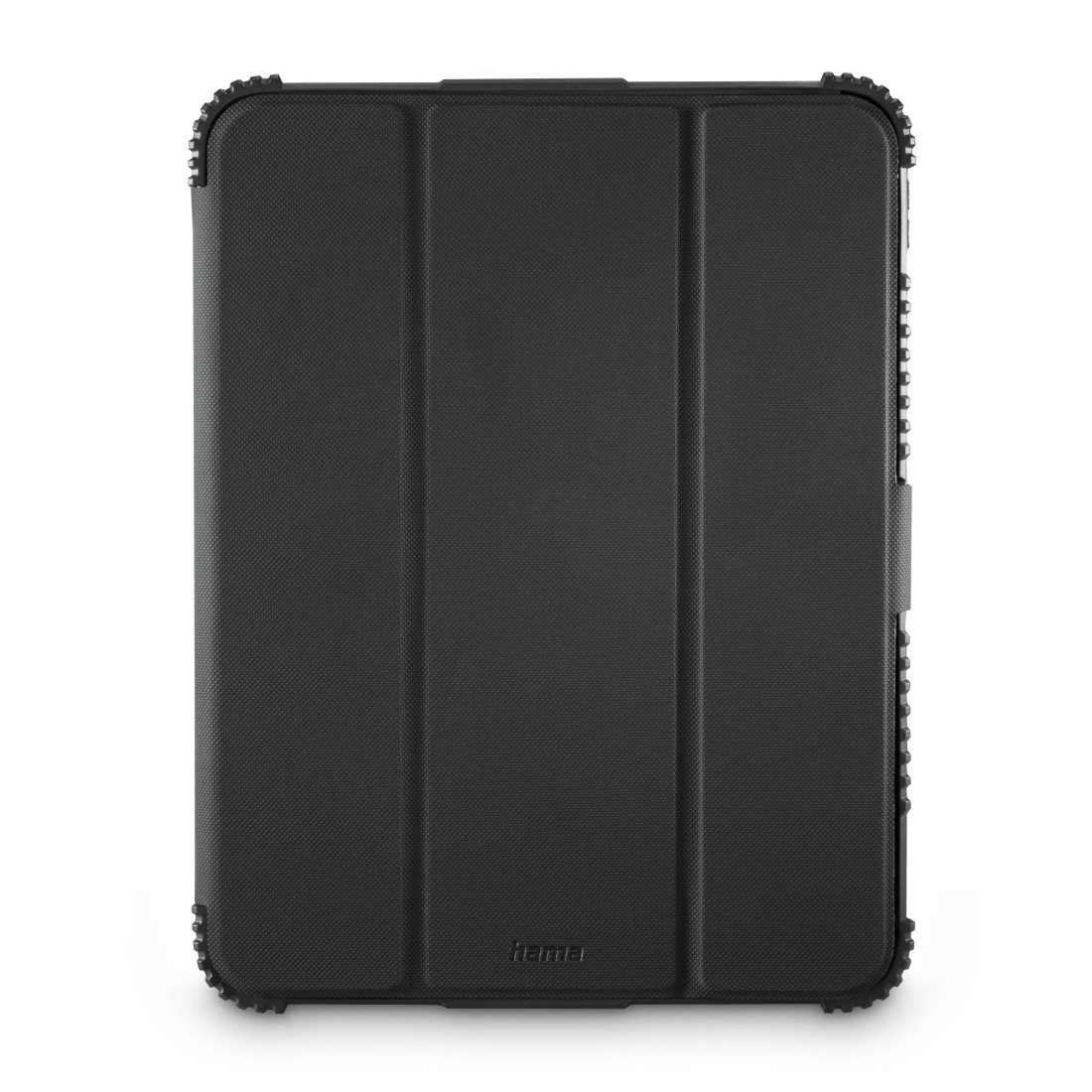 Schwarze Hama Tablet-Hülle mit strukturierter Oberfläche und verstärkten Ecken. Der Markenname ist sichtbar.