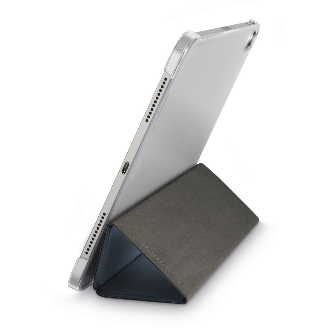 Ein Tablet in einem grauen Gehäuse ist aufgestellt und wird von einer dreieckigen Abdeckung gehalten.