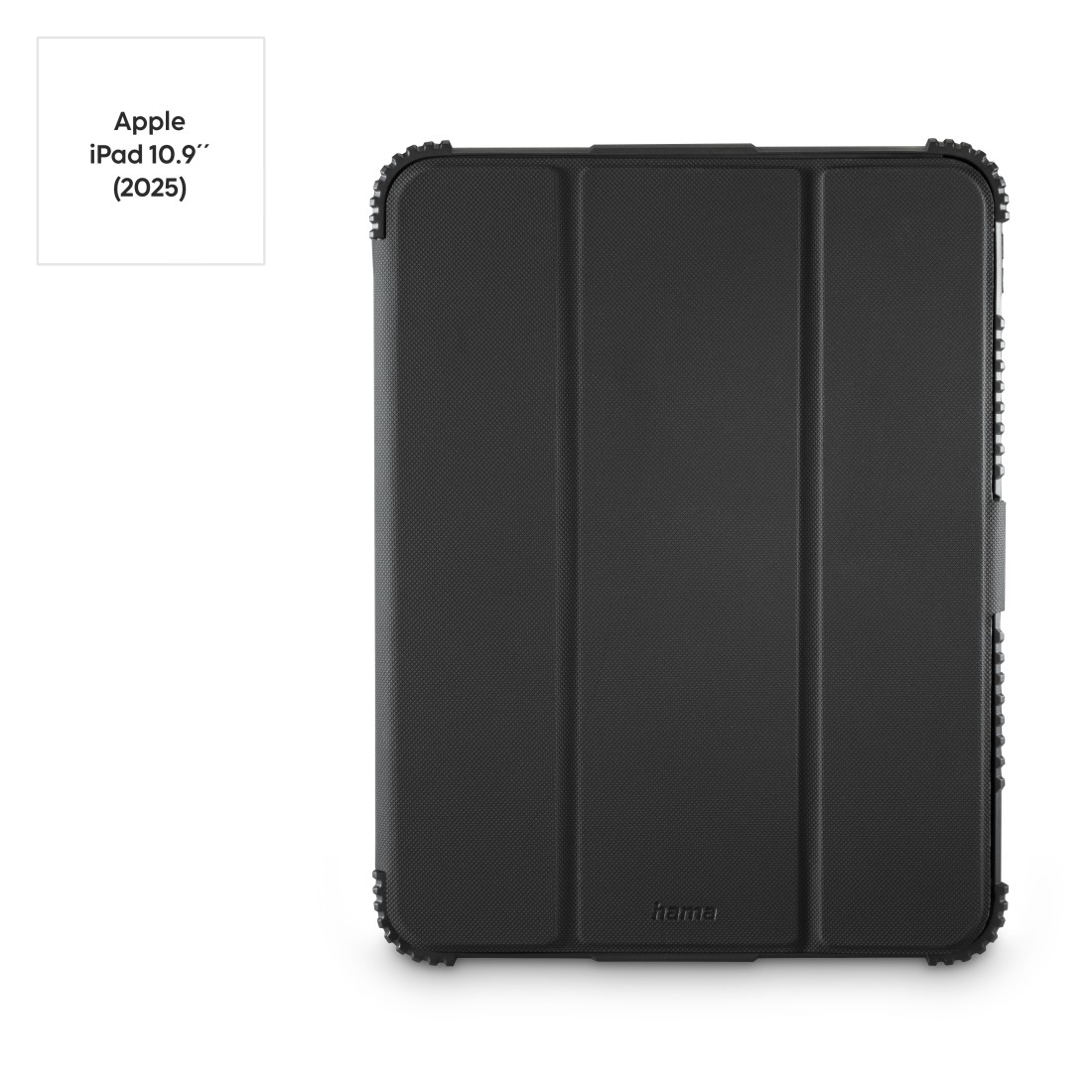 Geschlossene schwarze iPad-Hülle mit 'hama'. Textfeld zeigt das iPad-Modell an.