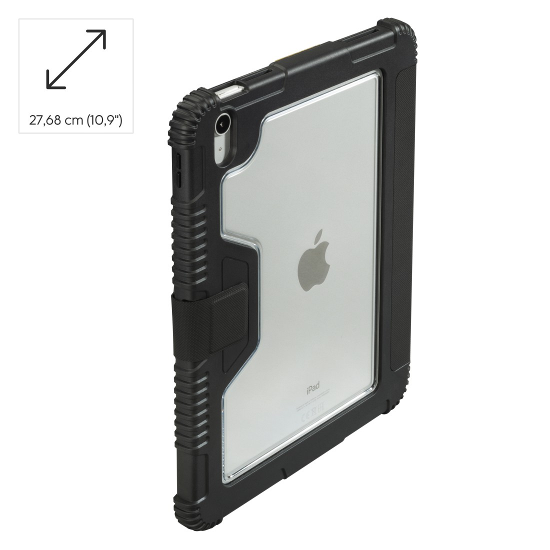 Schwarze und transparente iPad-Hülle. Das iPad ist sichtbar. Schwarzes und transparentes Gehäuse.