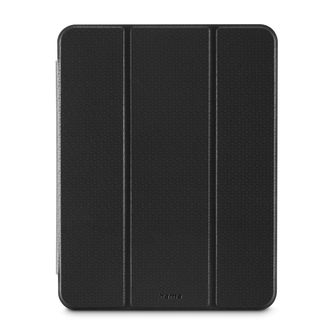 Geschlossene schwarze iPad-Hülle mit strukturierter Oberfläche und 'hama' unten.