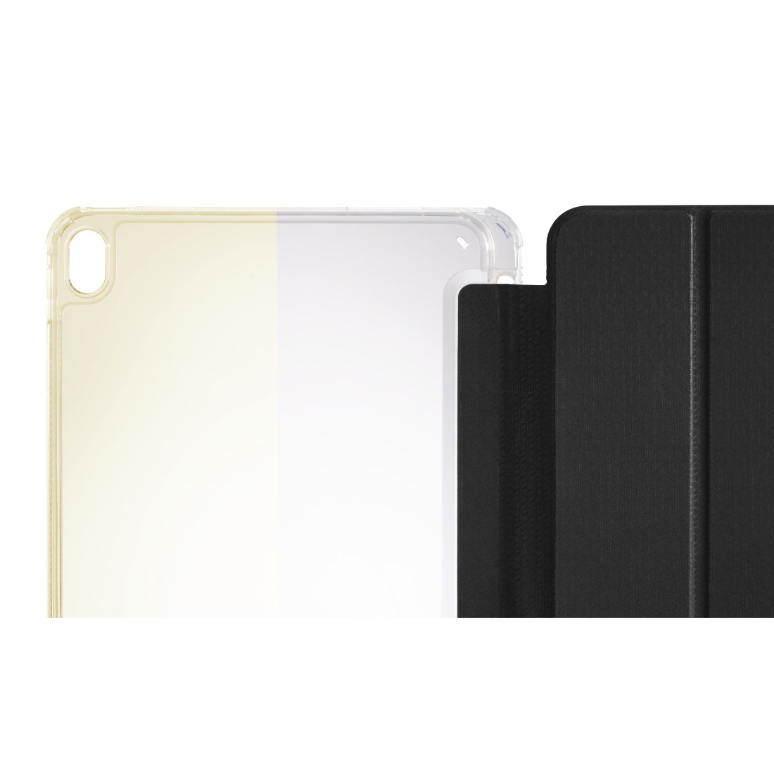 Zwei iPad-Hüllen, eine transparente und eine schwarze, nebeneinander, mit weißem Hintergrund.