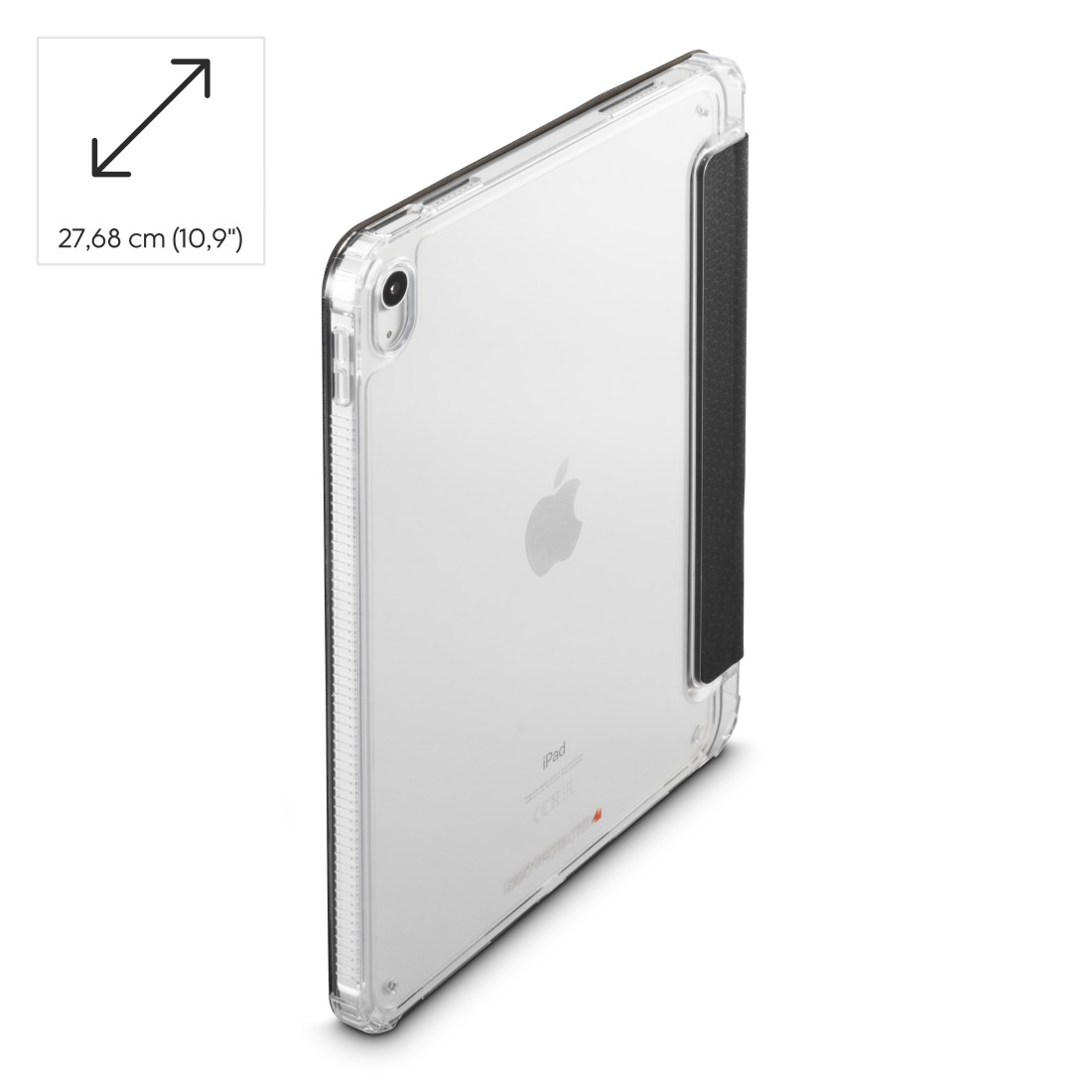 Klares iPad in einer transparenten Hülle. Die Hülle hat eine schwarze Abdeckung an der Seite. Größenangabe links.