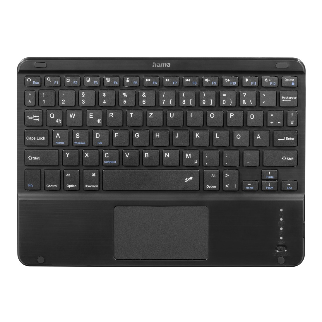 Eine schwarze Tastatur mit Touchpad liegt auf einer weißen Oberfläche. Sie hat viele Tasten und ein Logo.