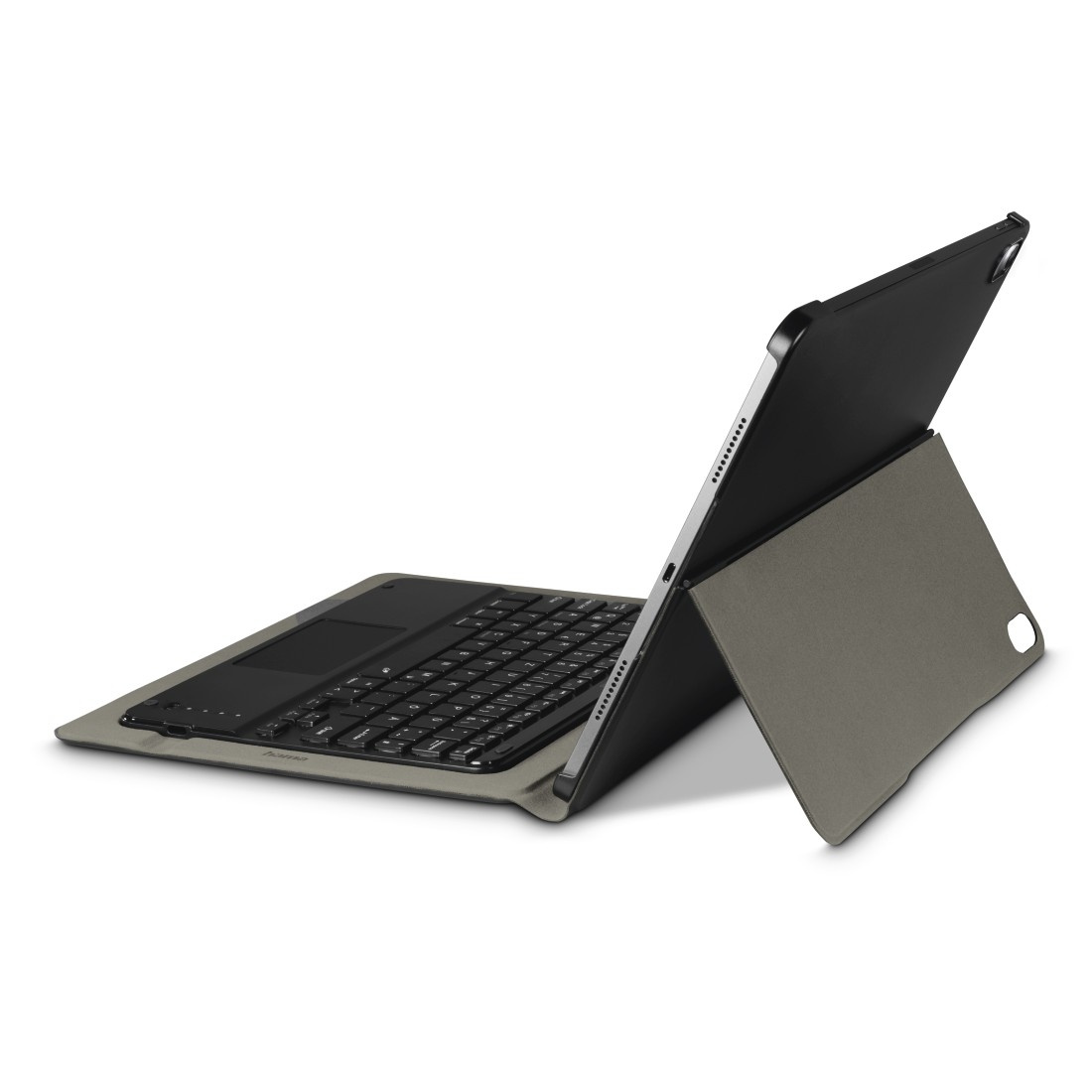 Ein Tablet mit einer Tastaturabdeckung. Das Tablet ist geöffnet, der Bildschirm zeigt nach oben.