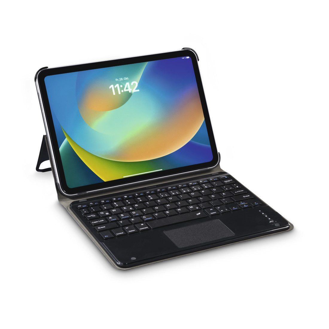 Tablet mit Tastaturhülle, Bildschirm zeigt eine farbenfrohe Landschaft.