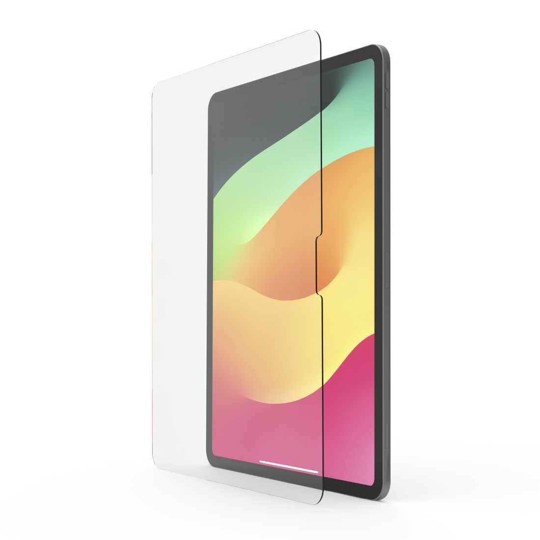 iPad mit aufgebrachter Displayschutzfolie. Weißer Hintergrund.