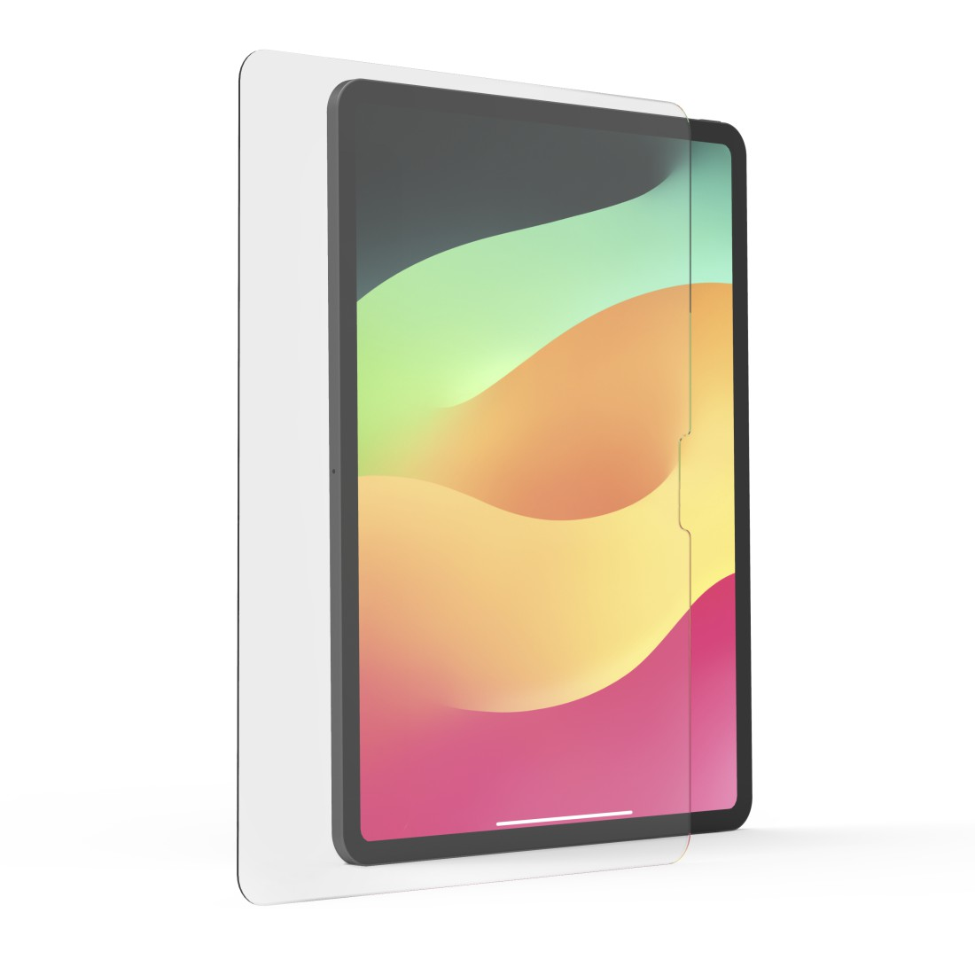 Ein Tablet mit angebrachtem Displayschutz. Der Bildschirm zeigt ein farbenfrohes abstraktes Bild.