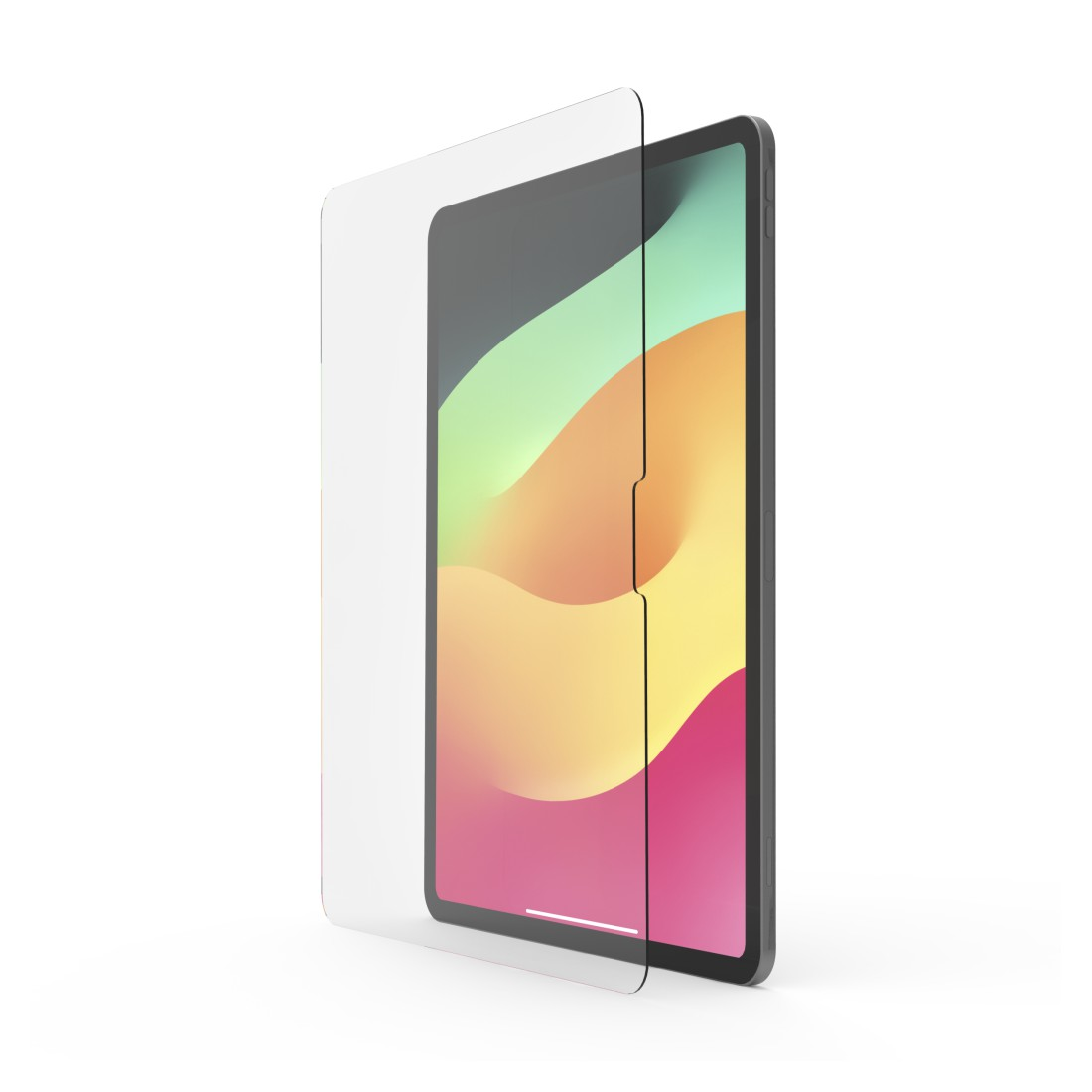 Ein iPad mit Displayschutz. Der Bildschirm zeigt bunte, abstrakte Formen. Der Hintergrund ist weiß.