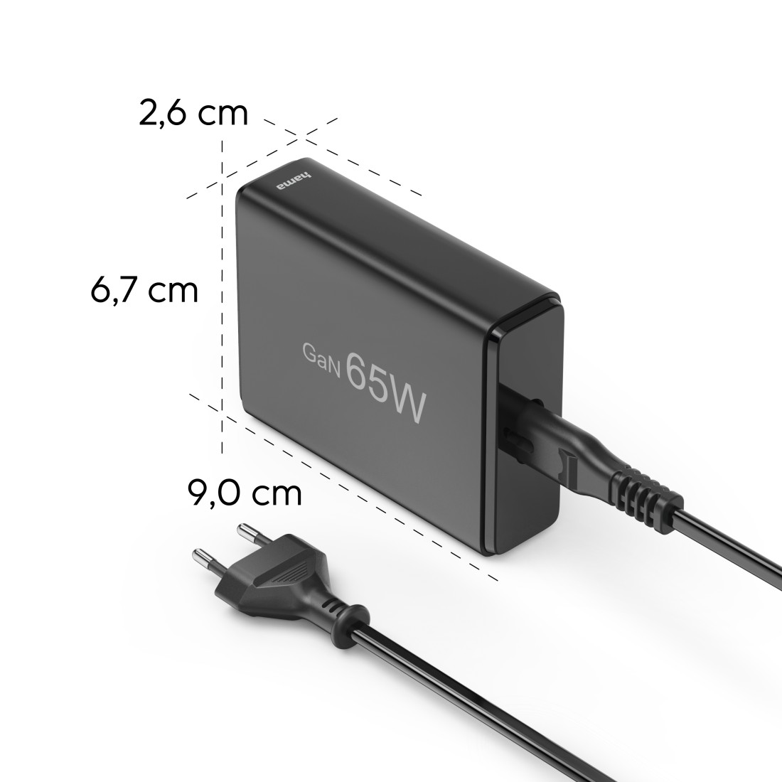 Schwarzer Netzadapter. Abmessungen und Stecker sind sichtbar. Weißer Hintergrund.