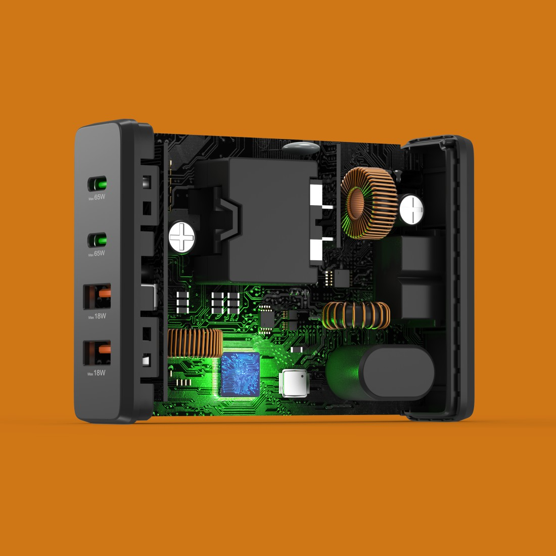 Schnittansicht eines Netzadapters mit elektronischen Bauteilen. Oranger Hintergrund.