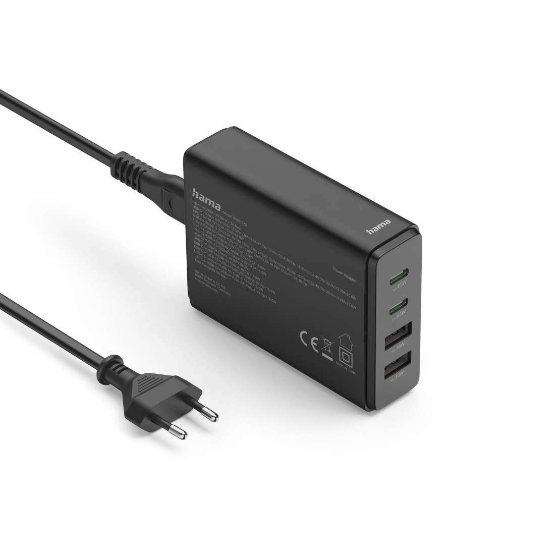 Schwarzes Netzteil mit mehreren USB-Anschlüssen und Stecker auf weißem Untergrund.