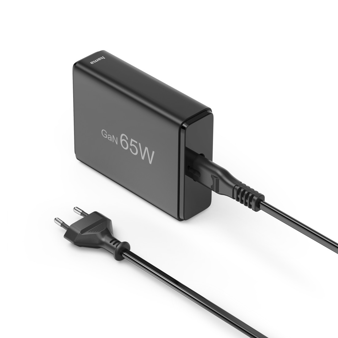 Ein schwarzes GaN 65W Ladegerät mit einem schwarzen Kabel und Stecker. Der Hintergrund ist weiß.