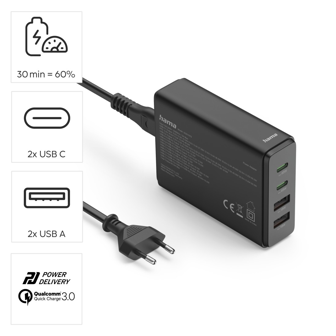 Ein schwarzer Hama-Netzadapter mit mehreren Anschlüssen und einem Stecker, mit Diagrammen und Text.