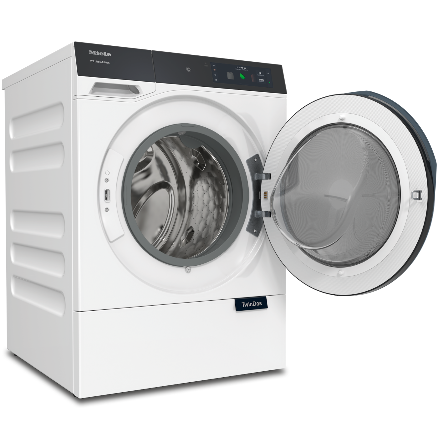 Eine weiße Miele Waschmaschine mit offener Tür, die die Trommel freigibt. Sie hat eine dunkle obere Platte und das TwinDos-Logo.