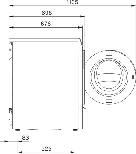 Diagramm einer Waschmaschine, zeigt Abmessungen und eine Seitenansicht mit offener Tür. Schwarze Linien auf weißem Hintergrund.