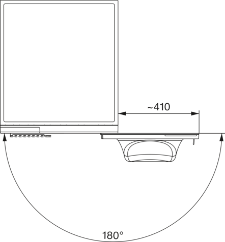 Diagramm zeigt Draufsicht eines Geräts. Links ein Schrank, in der Mitte eine gebogene Form und unten ein 180°-Bogen.