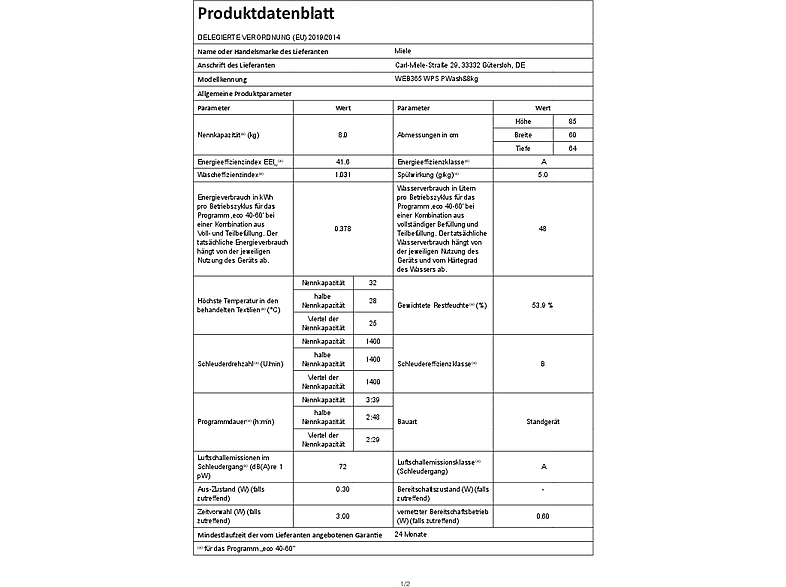 Miele WEB 365 WPS Waschmaschine (8 kg, 1400 U/Min., A, Frontlader) — Foto 5 von 5