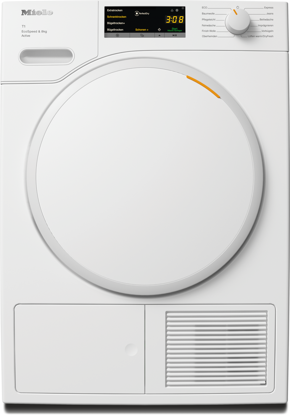 Ein weißer Miele Trockner mit einer großen weißen Tür, einem digitalen Display und einem Bedienfeld.