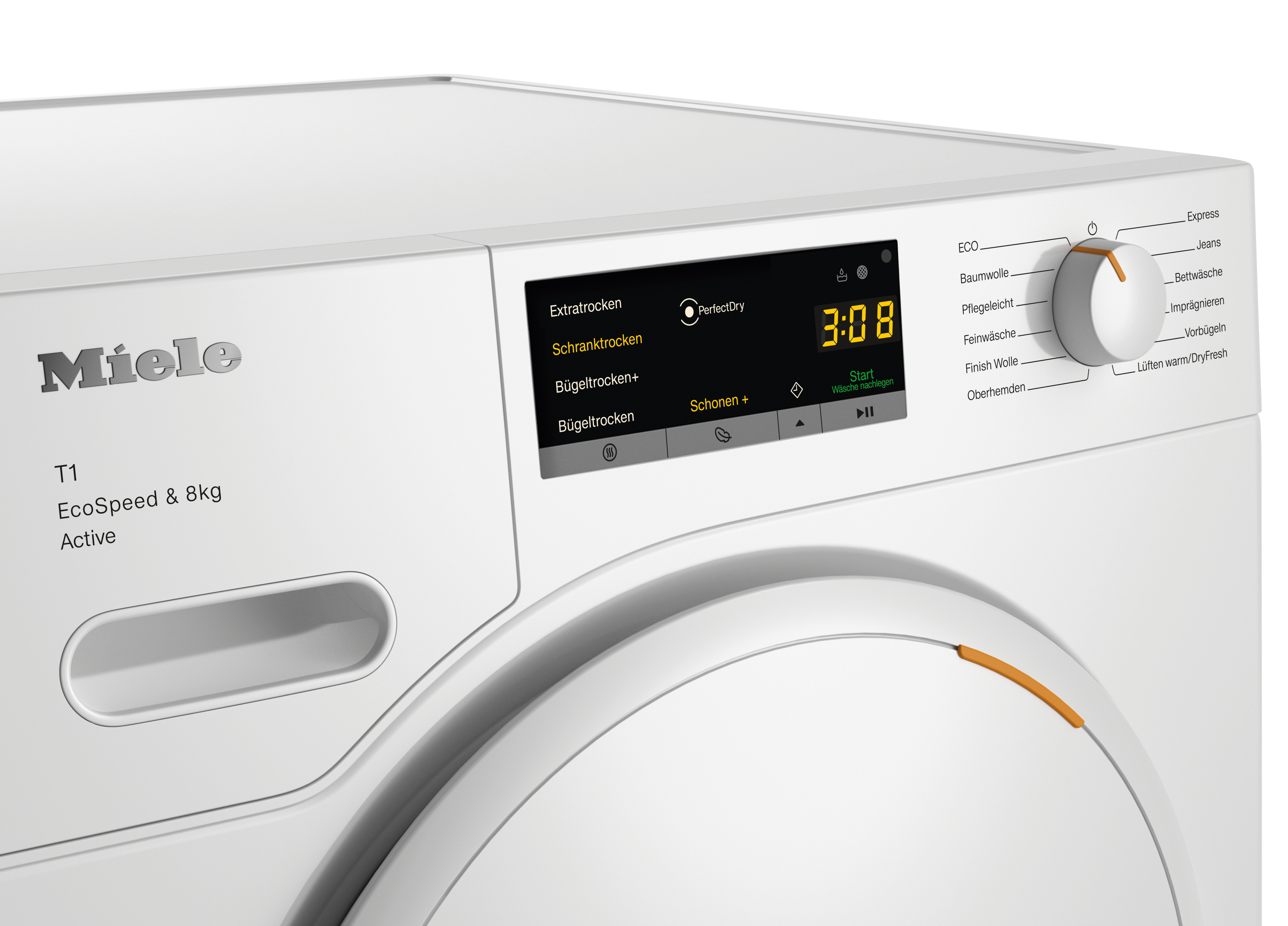 Weiße Waschmaschine mit schwarzer Tür und Digitalanzeige. Miele-Logo sichtbar.