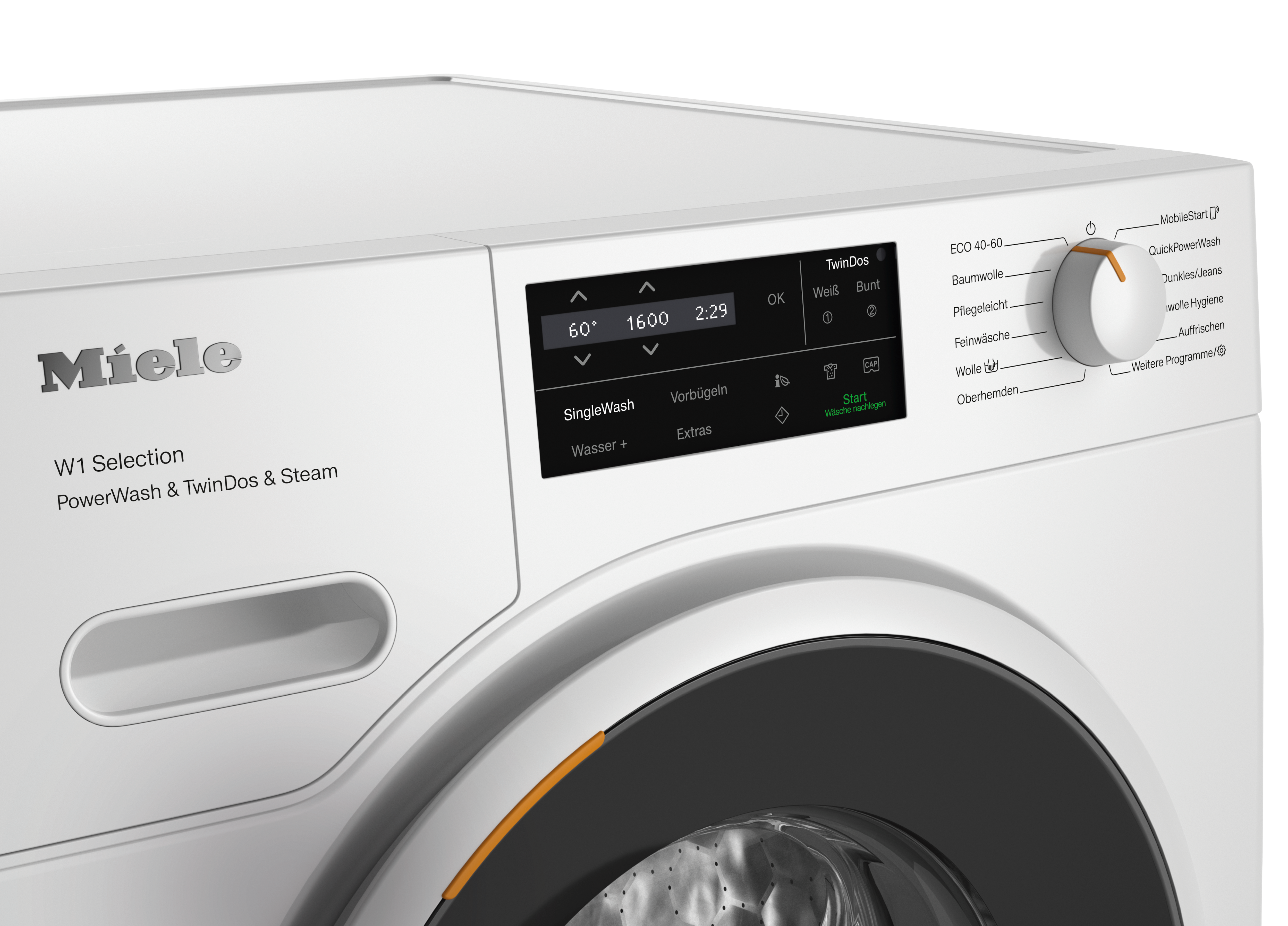 Eine weiße Miele Waschmaschine mit Digitalanzeige und Einstellungsregler.