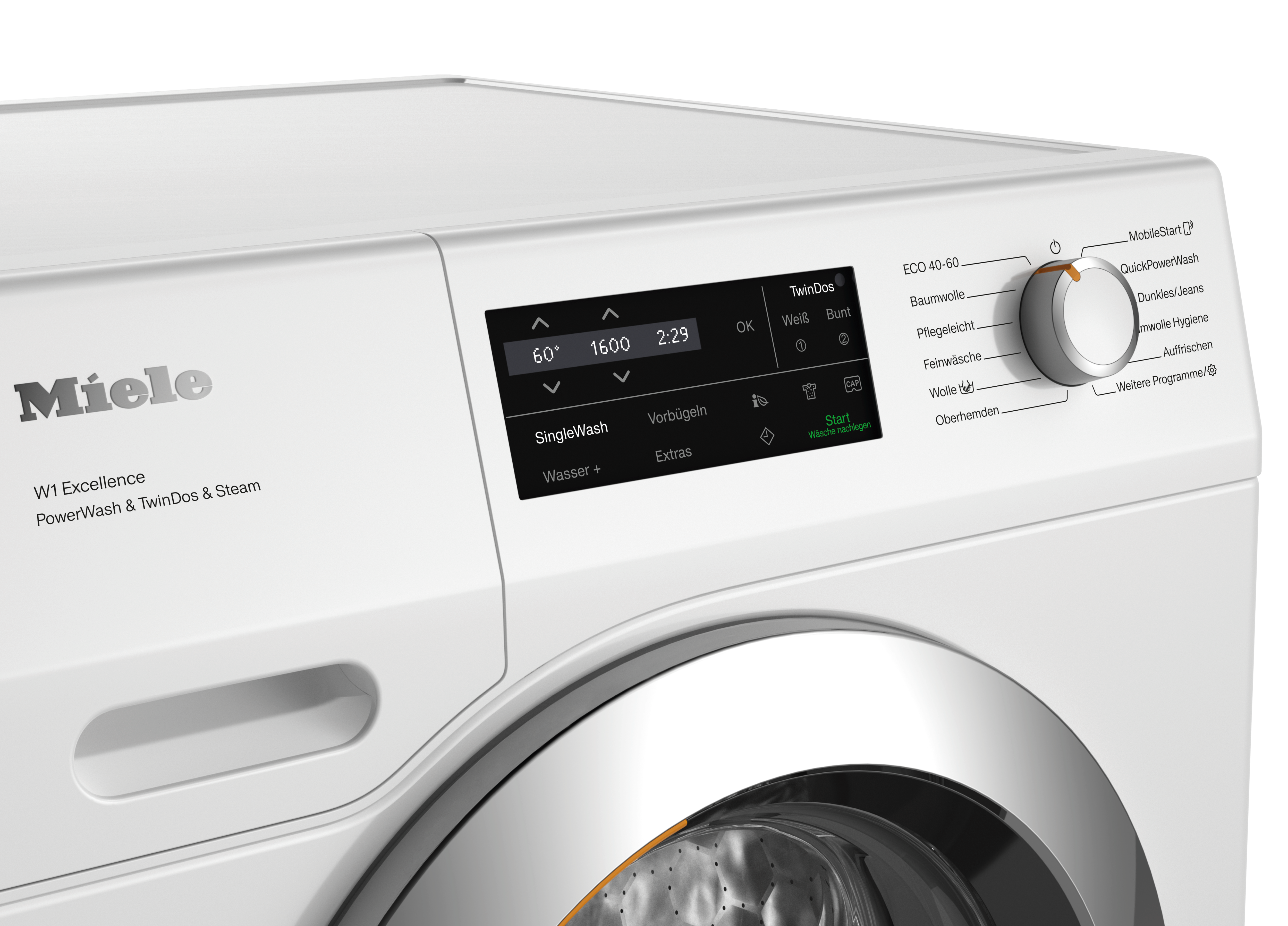 Eine weiße Miele Waschmaschine mit Digitalanzeige, Programmwähler und TwinDos-Funktion.