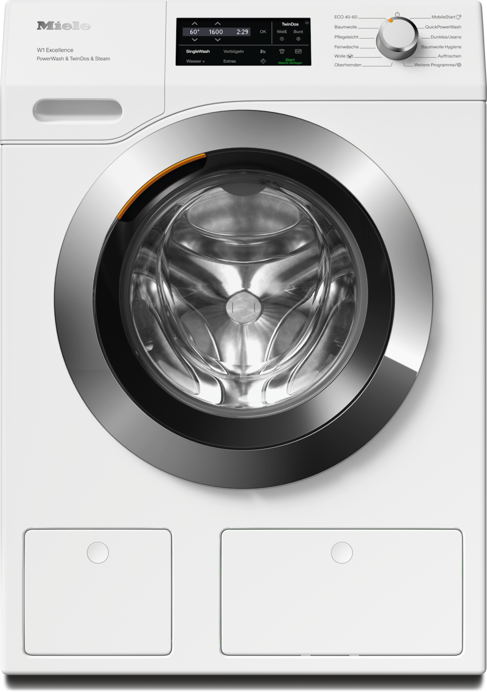 Eine weiße Miele Waschmaschine. Sie hat ein digitales Display, eine runde Tür und zwei Fächer unten.