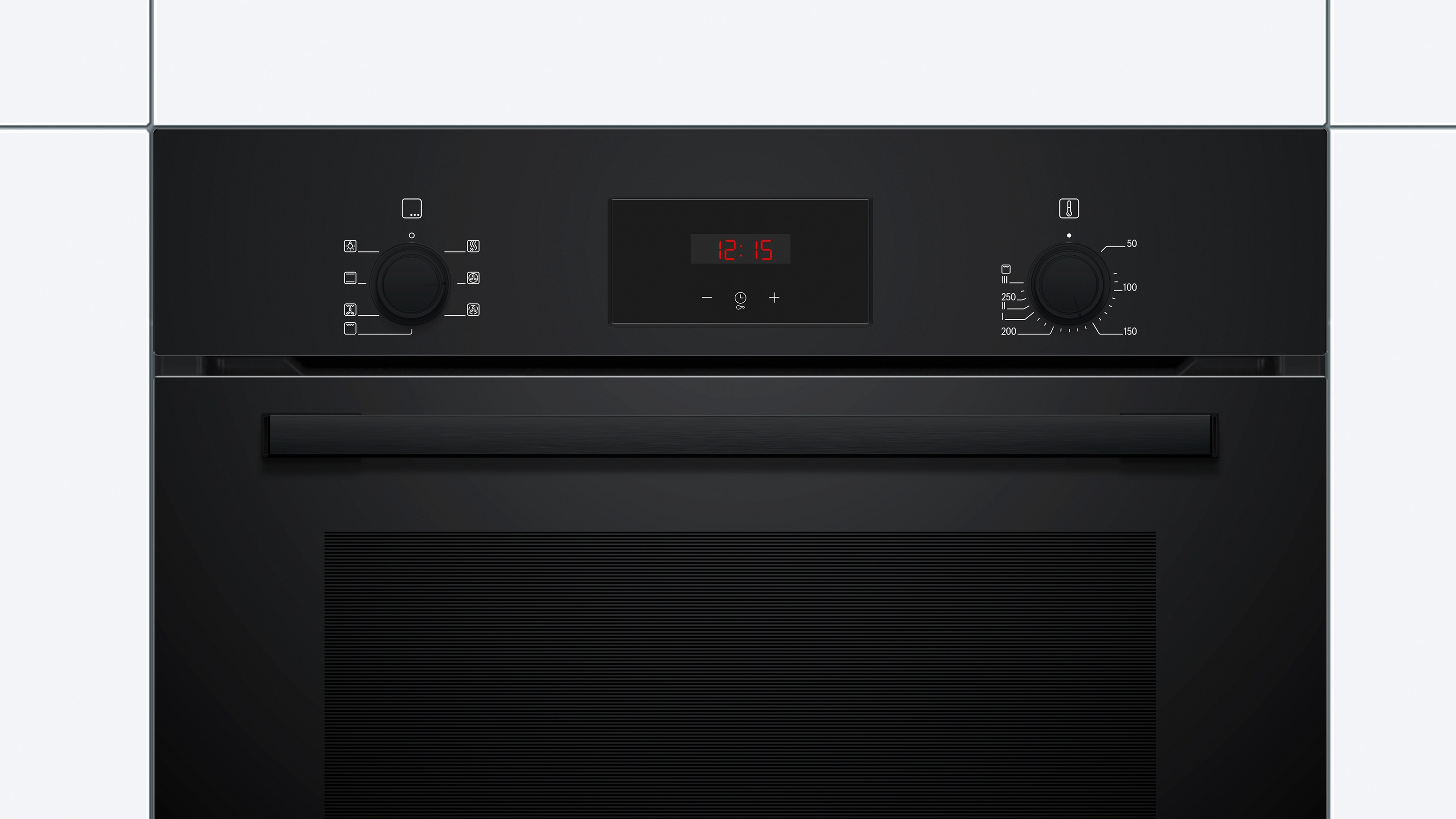 Black oven with control knobs and digital display showing time. Black background.