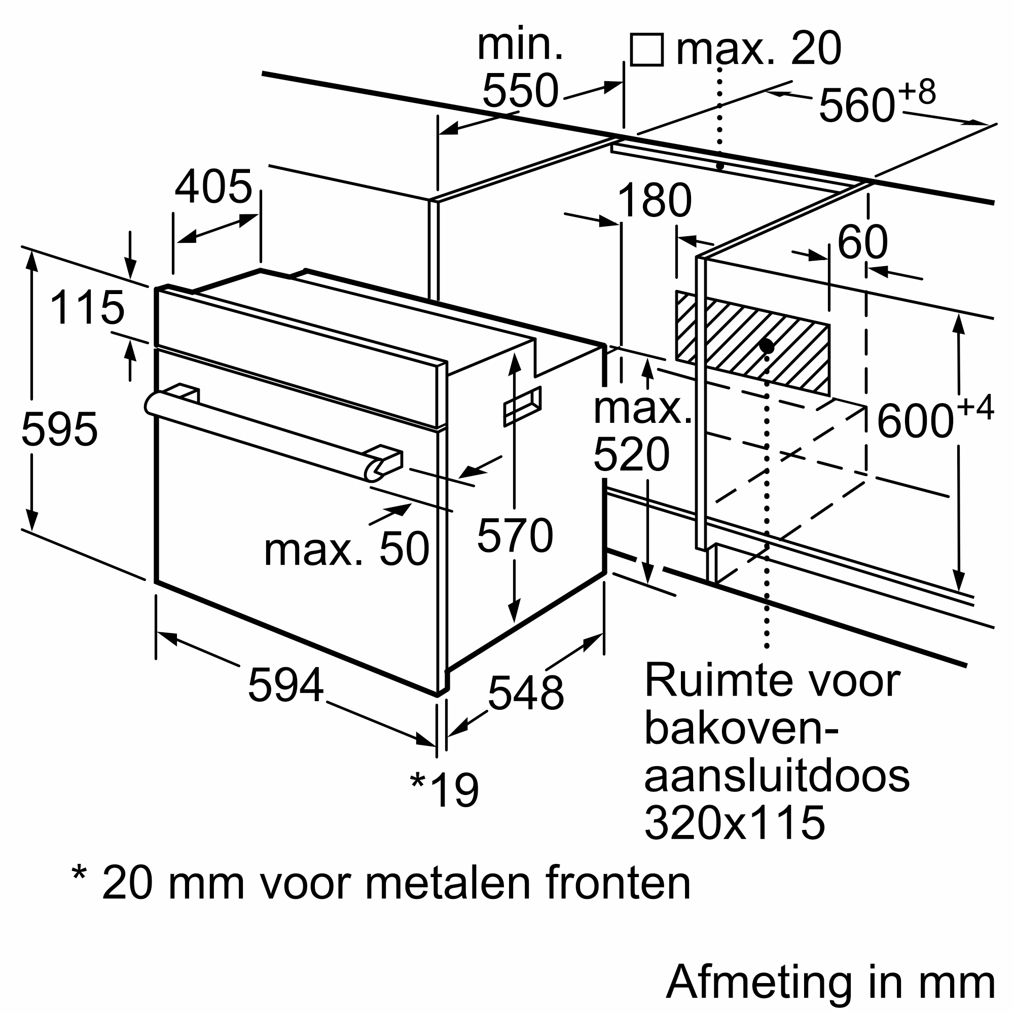 Technical drawing of an oven with dimensions. Includes measurements for width, height, and depth.