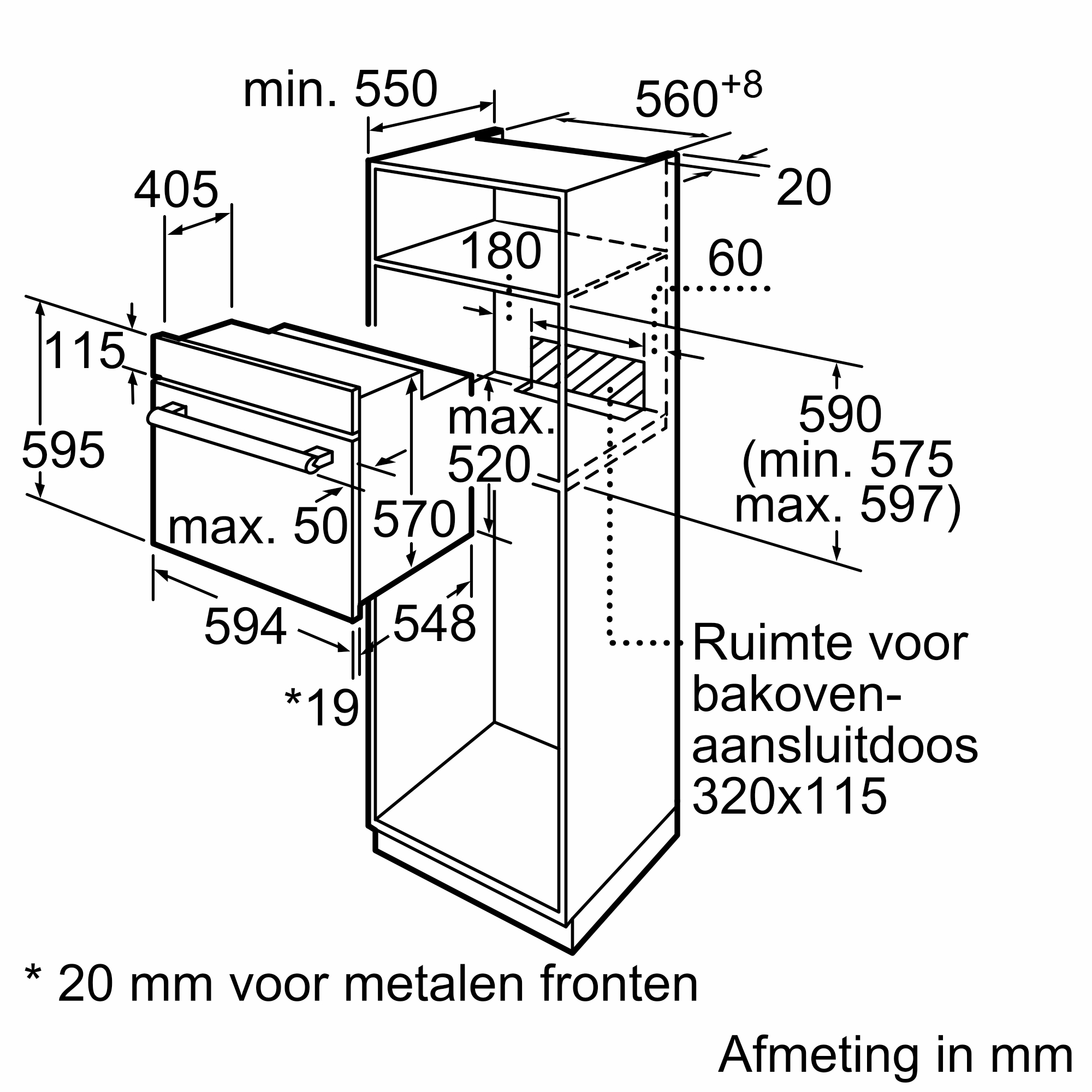 Technical drawing of a built-in oven with dimensions in mm.