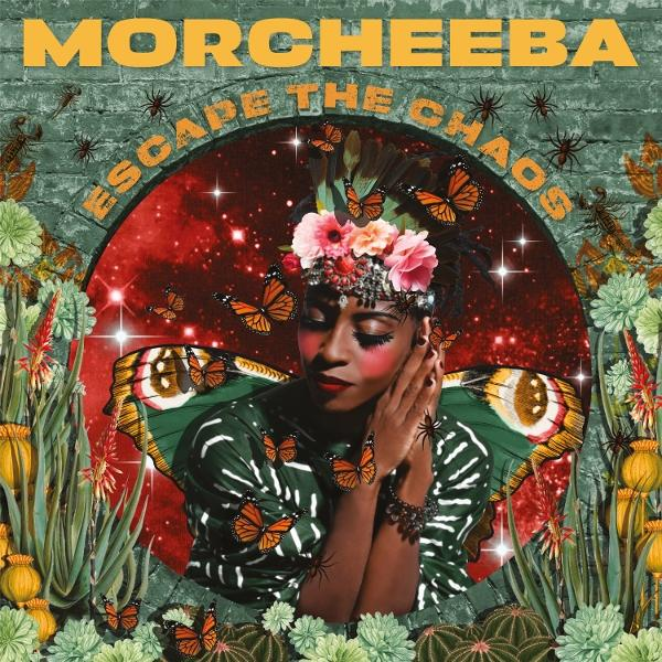 Album borító: Morcheeba. Cím: Escape the Chaos. Egy nő pillangókkal és virágokkal.
