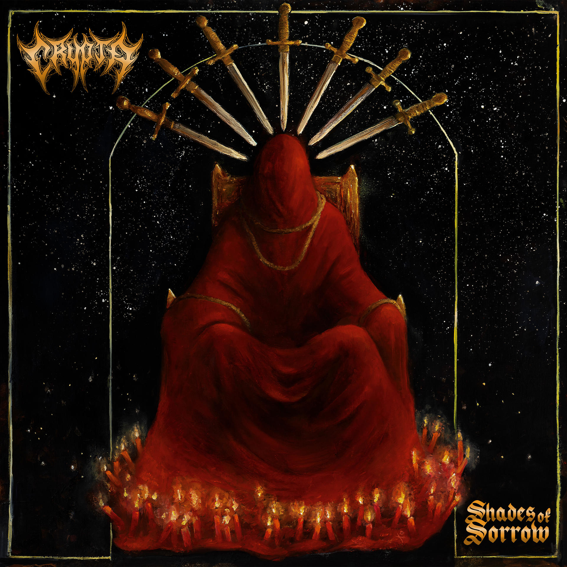 Album borítója köntösös figurával, kardokkal, gyertyákkal és szöveggel: "Shades of Sorrow".