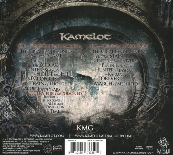 Album hátlap számlistákkal, a zenekar nevével és logókkal. Kamelot.