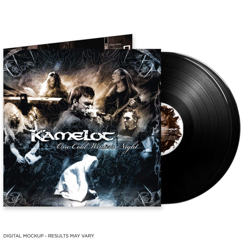 Vinyl lemez és albumborító. A zenekar a 'Kamelot'. Az album címe 'One Cold Winter's Night'.