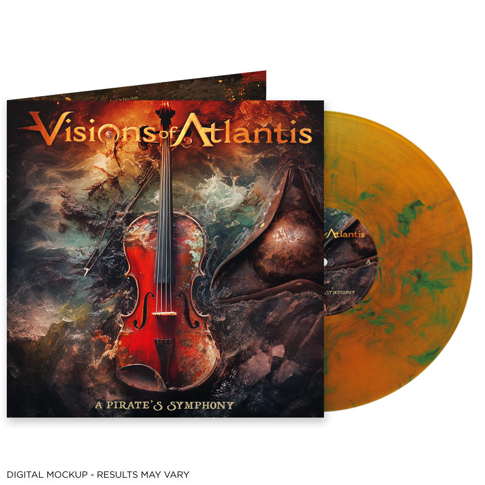 Album borító egy hegedűvel, szöveg 'Visions of Atlantis'. Egy bakelit lemez mellette narancs és zöld színekkel.