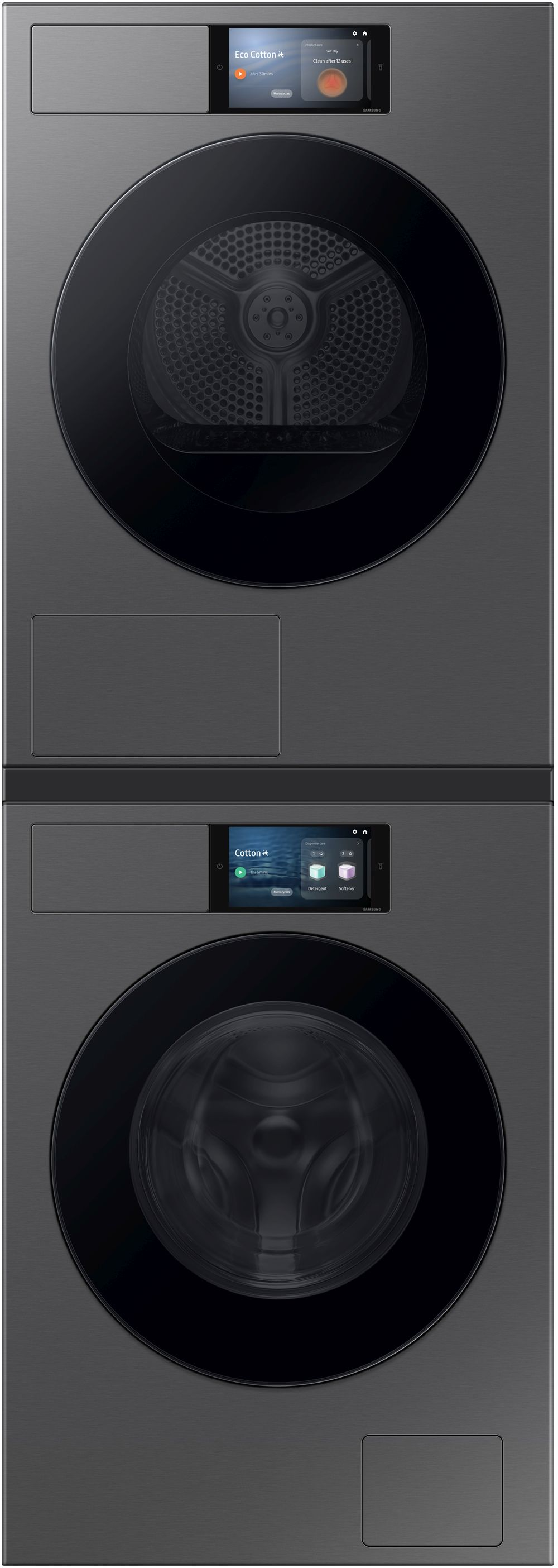 Eine schwarze Waschmaschine und ein Trockner.