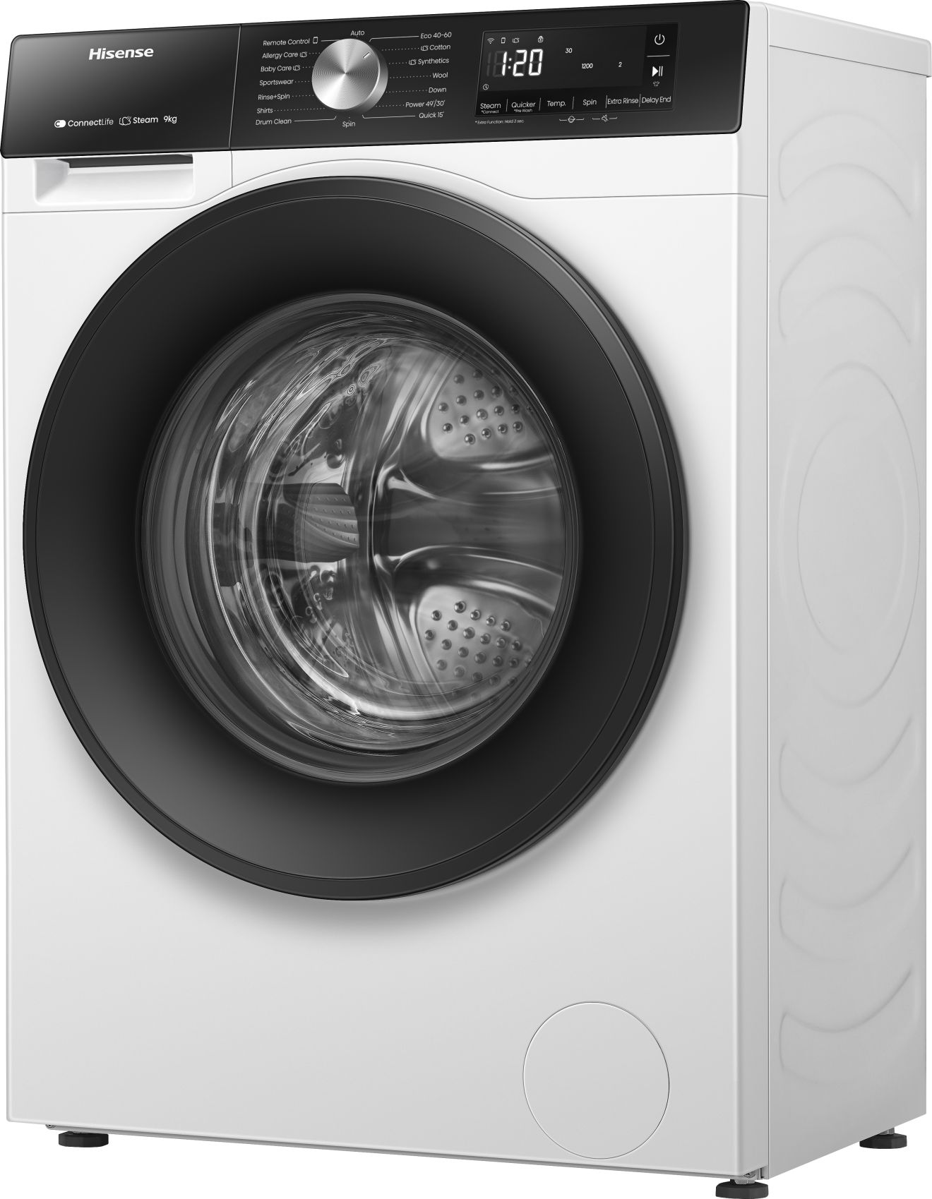 Eine weiße Hisense Waschmaschine mit schwarzer Tür. Sie hat ein Bedienfeld, eine Anzeige mit 1:20 und Knöpfe.