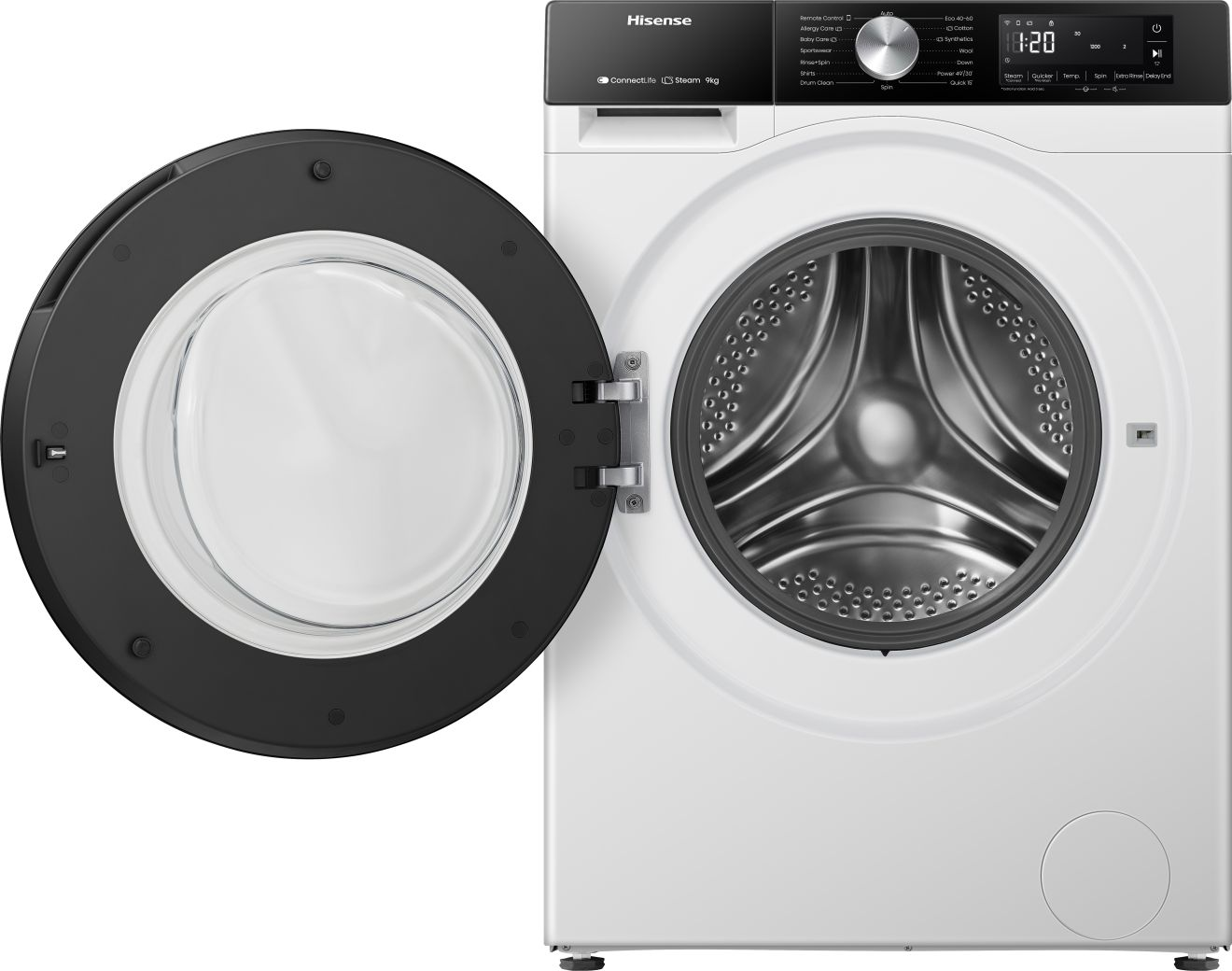 Eine weiße Hisense Waschmaschine mit offener schwarzer Tür. Das Bedienfeld zeigt Einstellungen und einen Timer.
