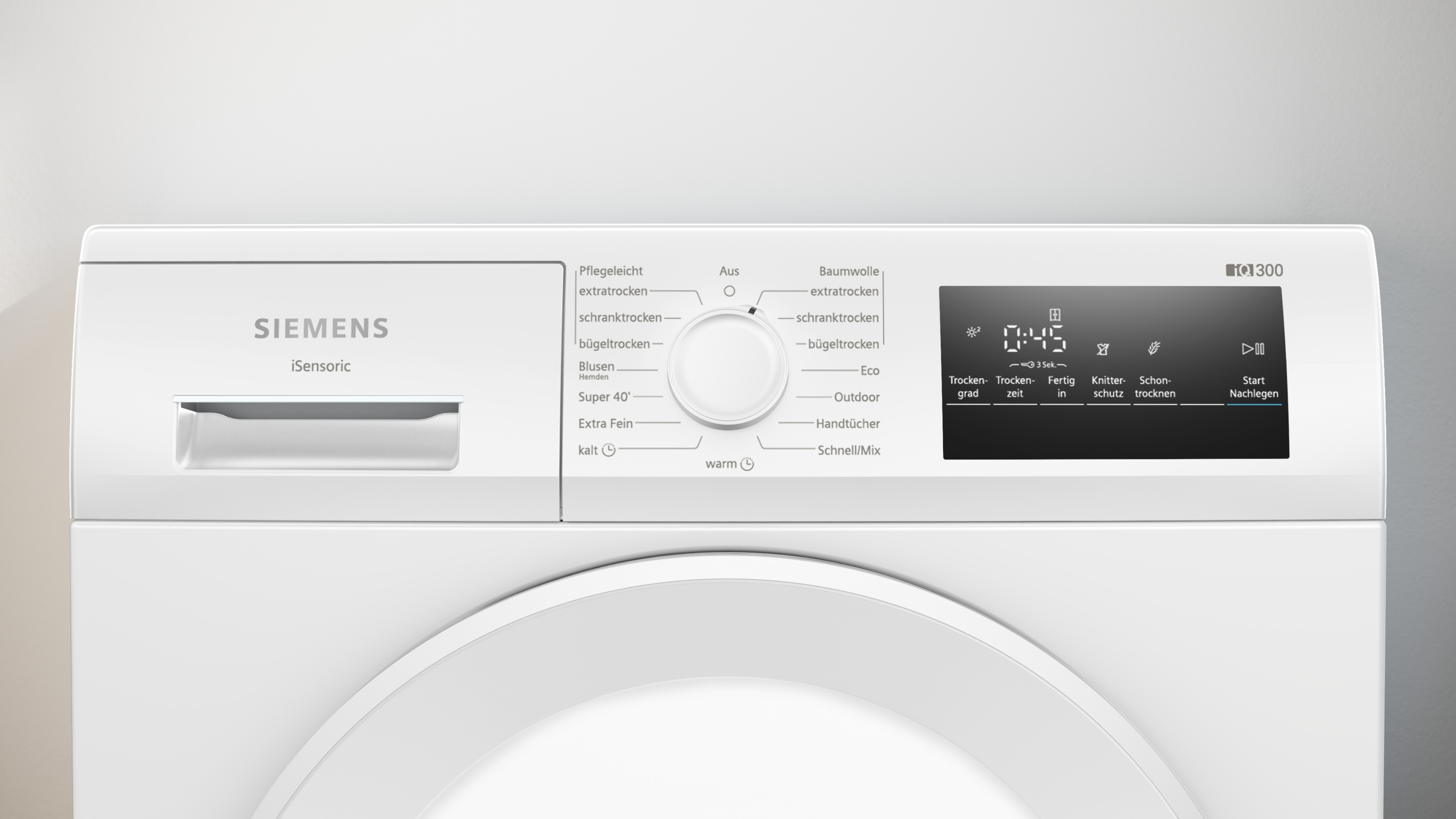Siemens iQ300 Trocknerbedienfeld mit Drehknopf und digitalem Display.