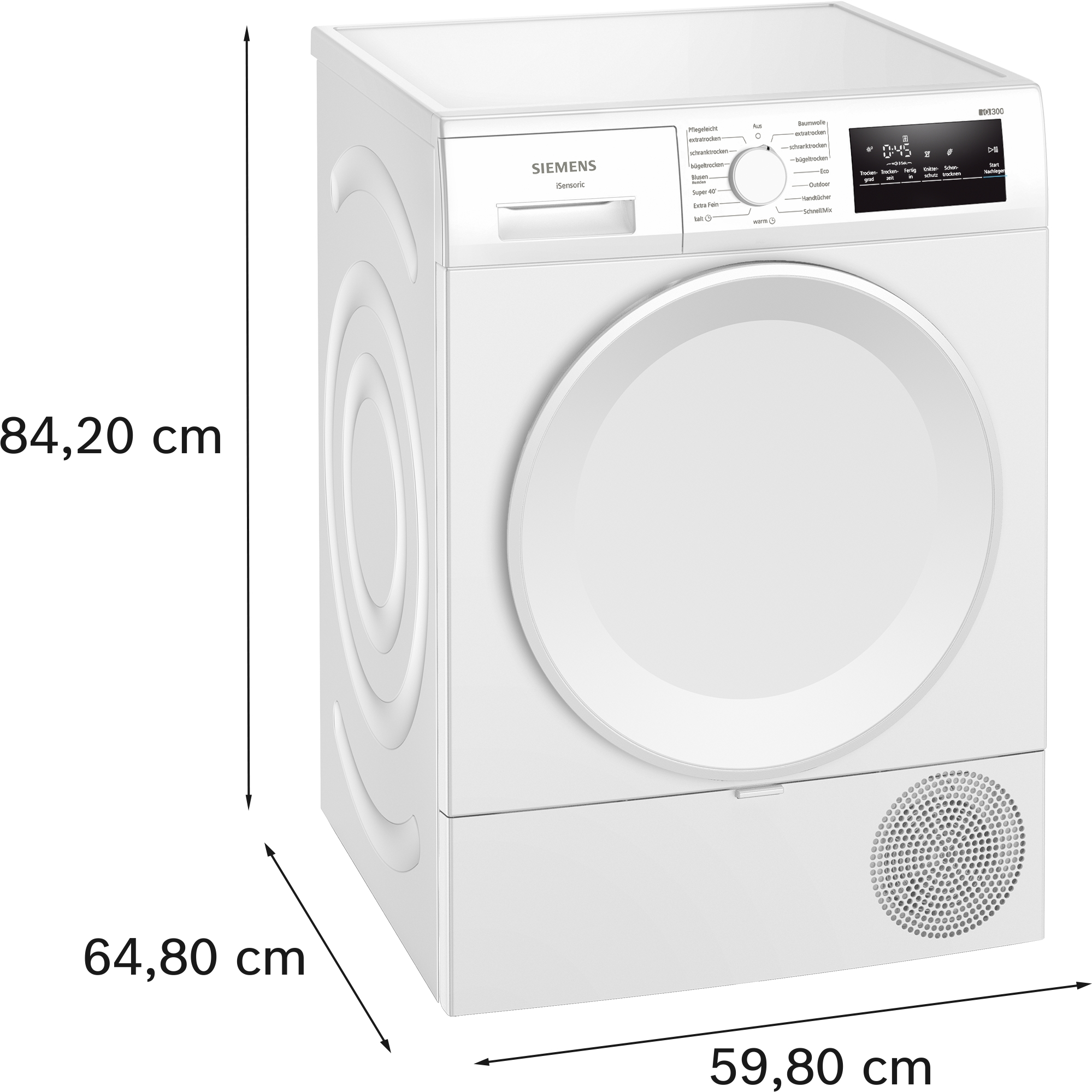 Weißer Siemens-Wäschetrockner mit Maßen 84,2 x 59,8 x 64,8 cm.