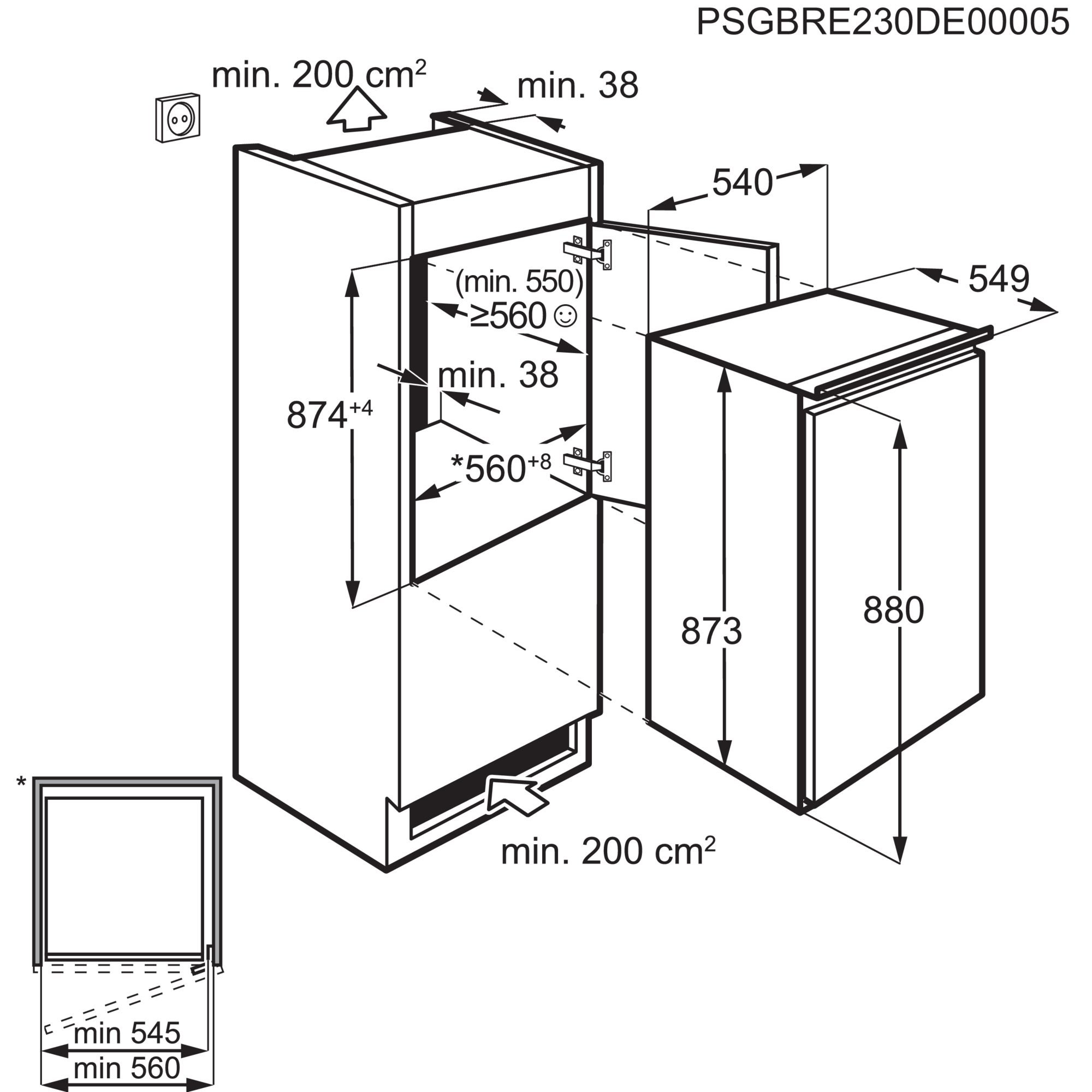 Rysunek techniczny z wymiarami urządzeń wbudowanych. Min. 200 cm² wentylacja.