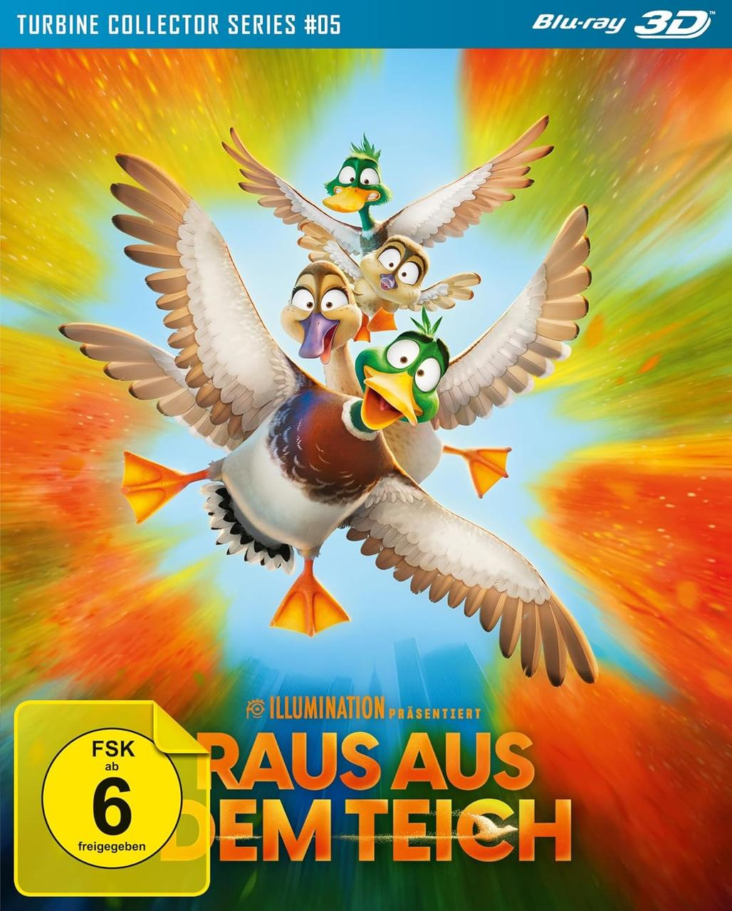 Filmposter für 'Raus aus dem Teich' mit Cartoon-Enten, die in buntem Himmel fliegen.