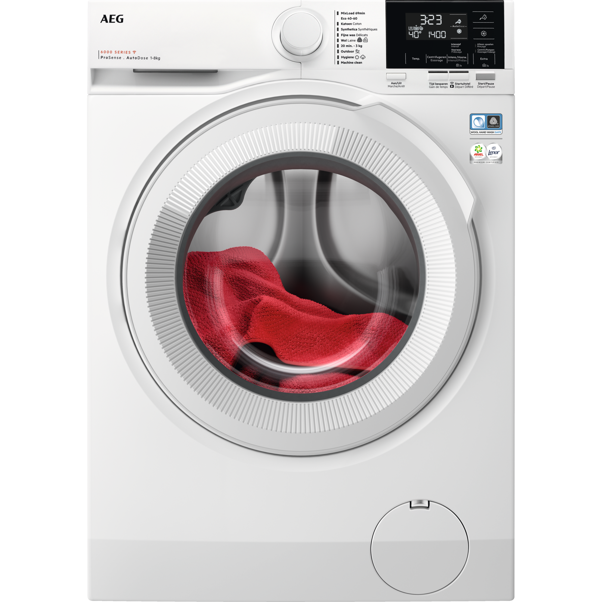White AEG washing machine with a red garment inside the glass door, with a digital display.