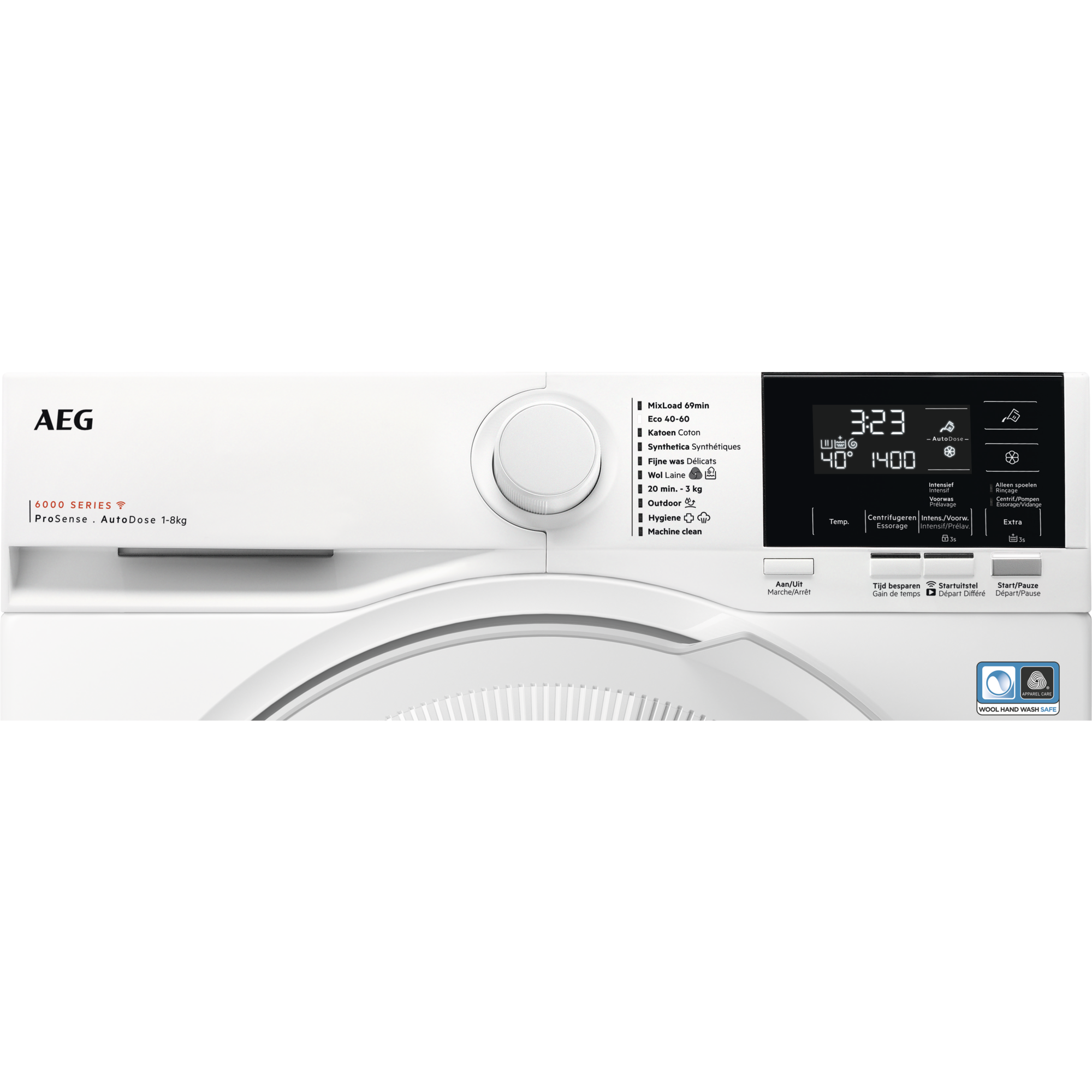 White washing machine with control panel and display screen.