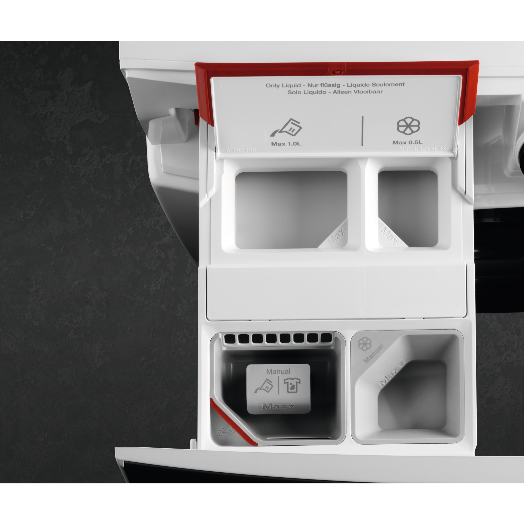 Wasmiddeldispenser met compartimenten en labels.