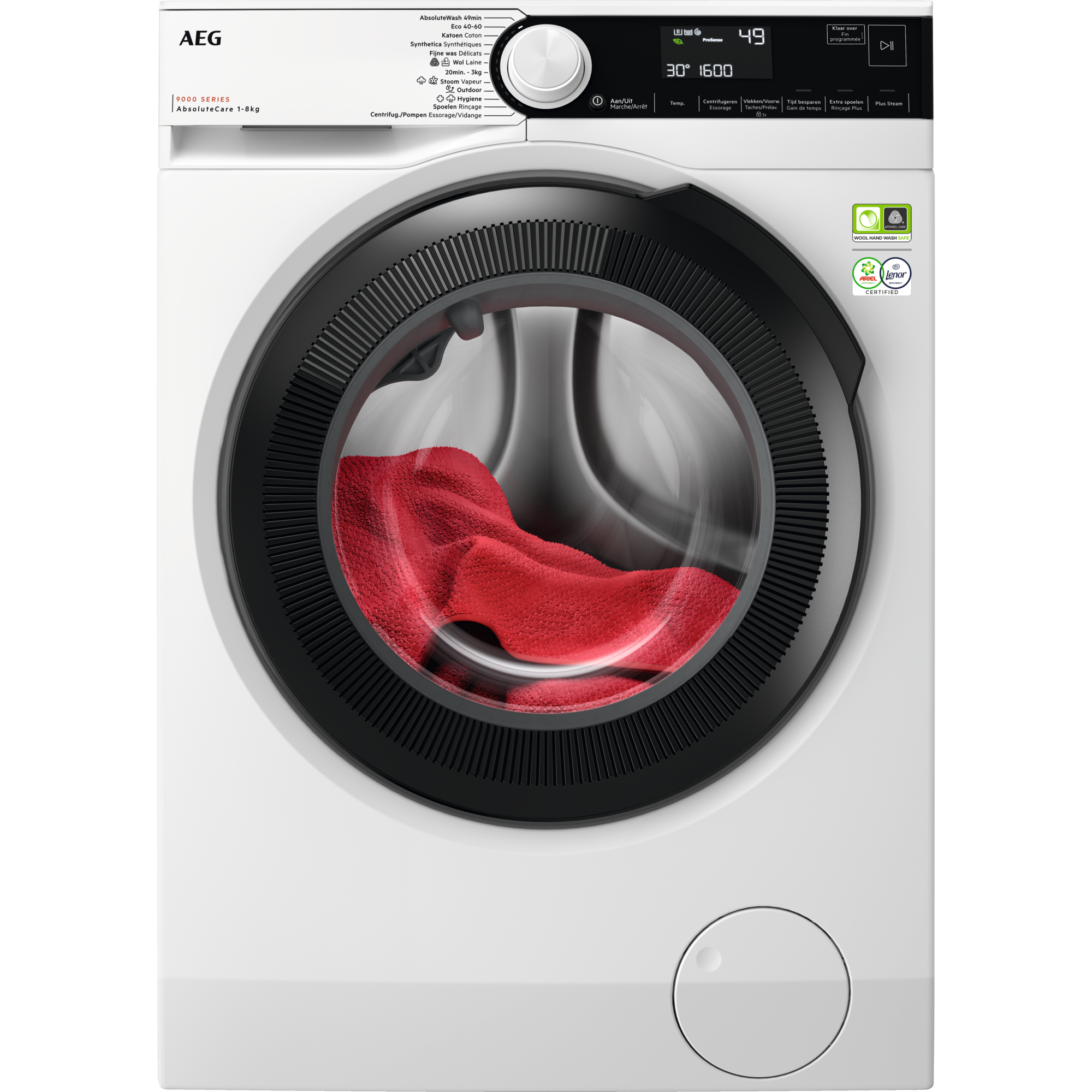 Een witte wasmachine met zwarte deur en een rode handdoek erin.