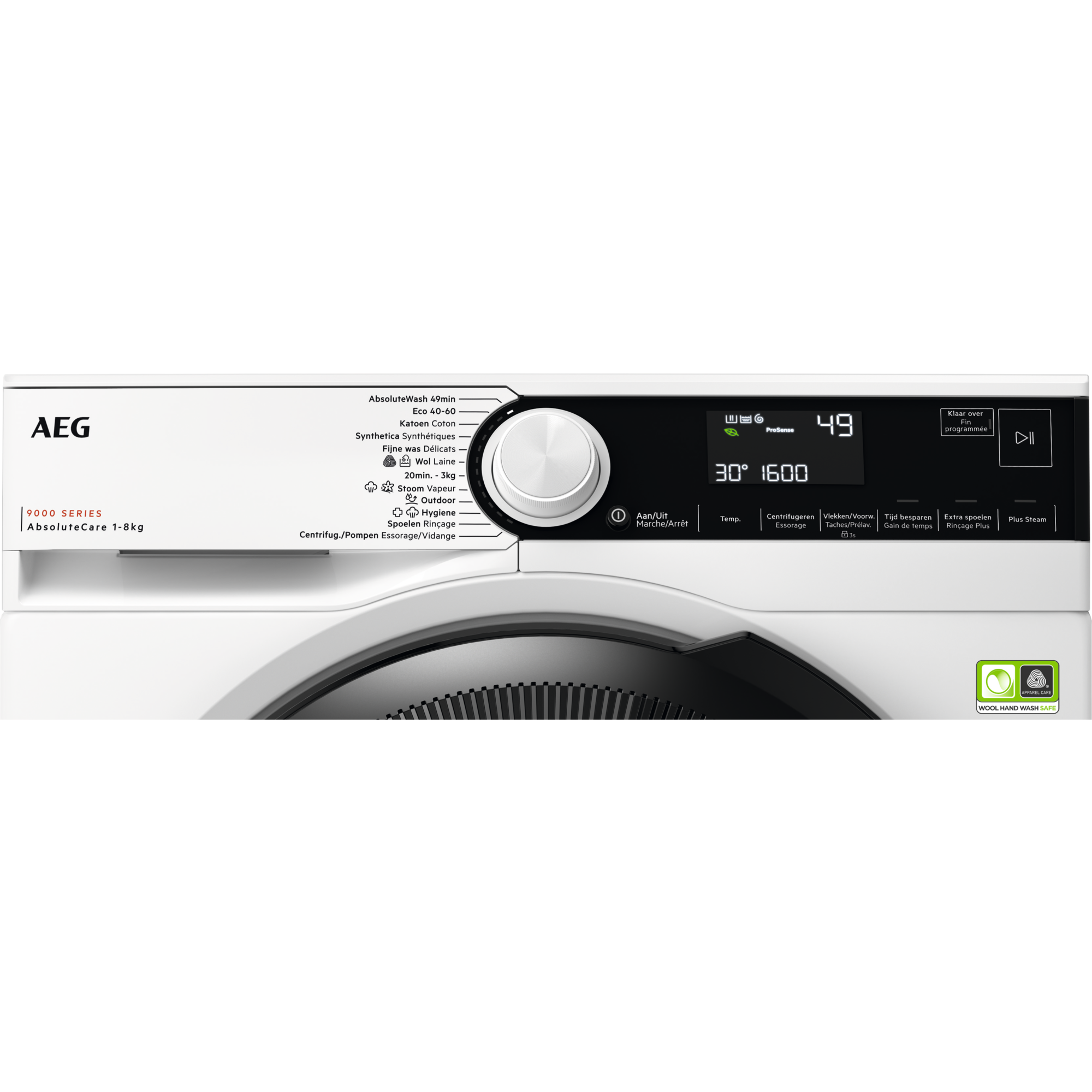 Witte wasmachine bedieningspaneel met knoppen en een display.