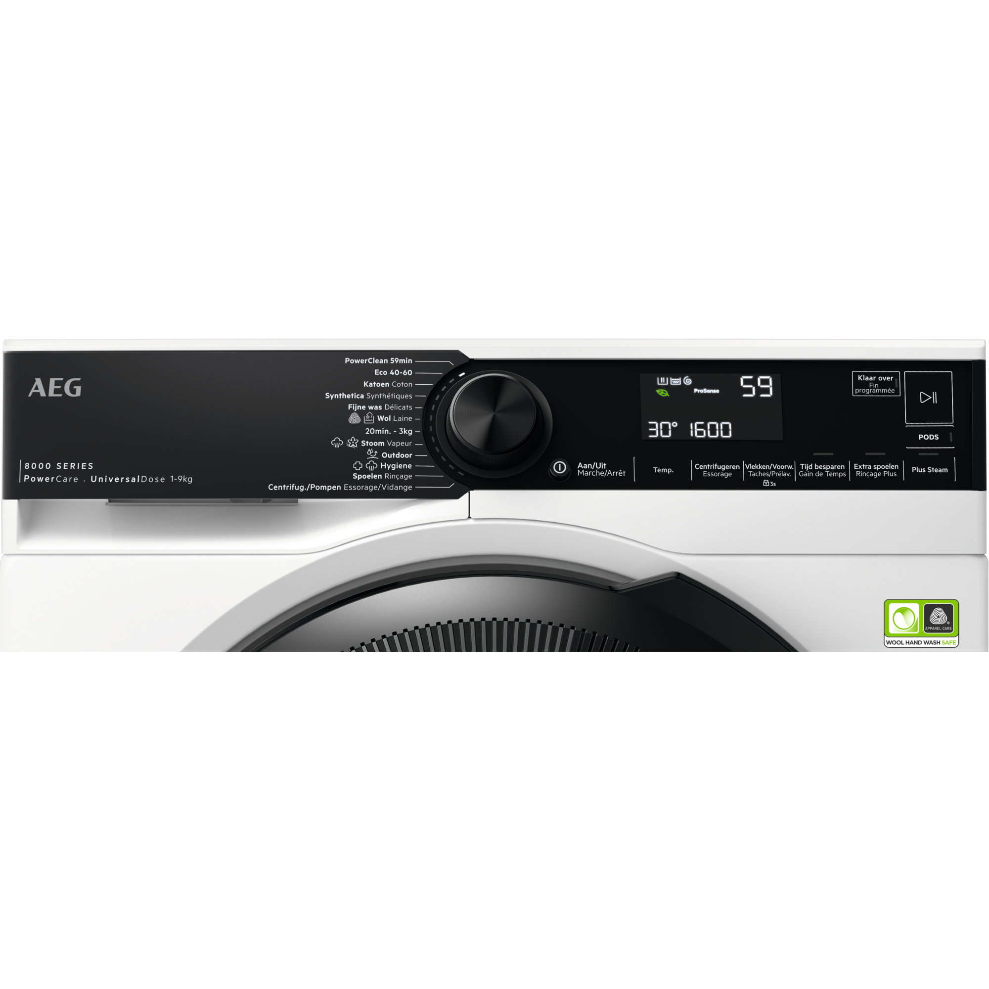 Washing machine control panel, black, with a dial, display, and various program options.