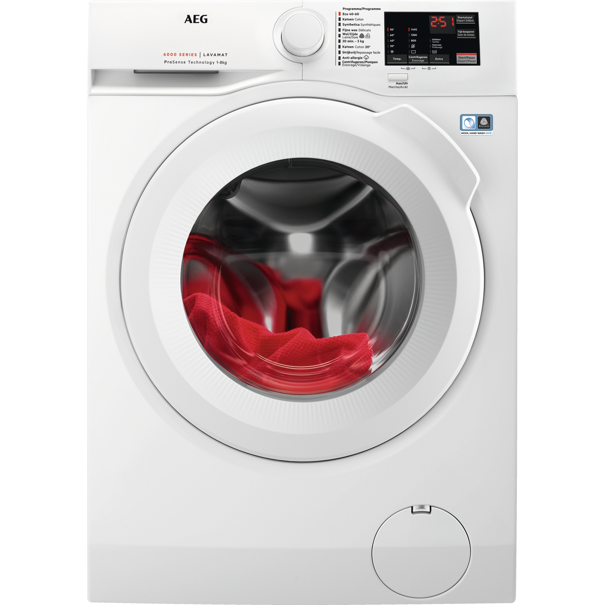 White washing machine with a red towel inside the drum, and a control panel.